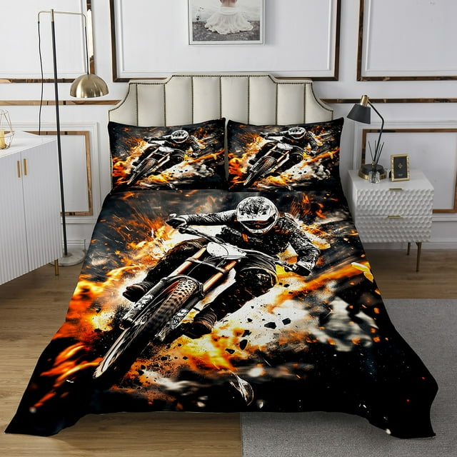 Dirt Bike Quilts Set for Kids Boys,Racing Motocross Rider 3Pcs Bedspread Coverlet Set,Motor Biker Motorcycle Bed Cover Set,Extreme Sport Bedspread Coverlet with 2 Pillowshams (King Size)