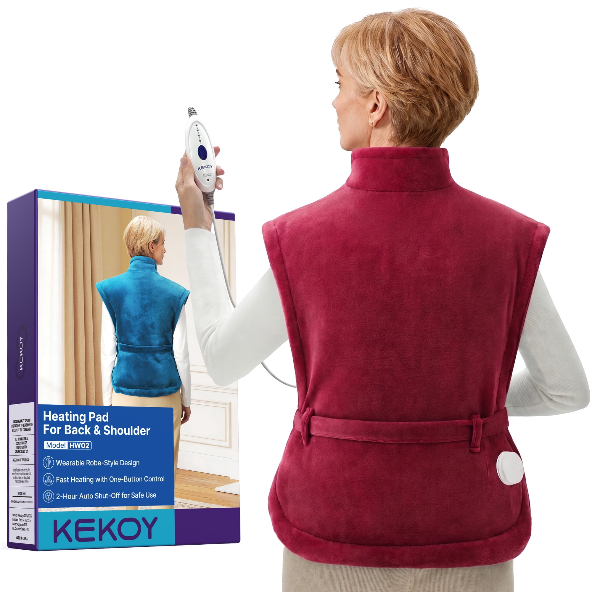 KEKOY Heating Pad for Back, Neck & Shoulders Pain Relief, Wearable Electric Heat Pad with Detachable Belt, 4 Heat Settings, 2-Hour Auto Shut-Off, Fast Heating, 24"x33", Burgundy