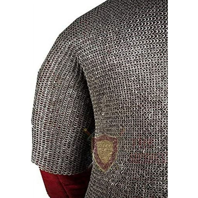 The Medieval 6MM MS Round Riveted with alternate flat ring Hauberk Chainmail  Armor Full Sleeve Shirt - Natural Oiled Finish, Large 