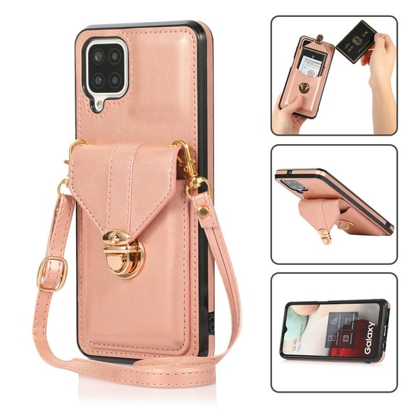 Cutyskin Case for Samsung A42 5G,Luxury Metal Buckle Back Folio Cover [Crossbody & Shoulder Strap][Credit Card Holder][Fashion Design] Shockproof Phone Case for Samsung Galaxy A42 5G, Rosegold