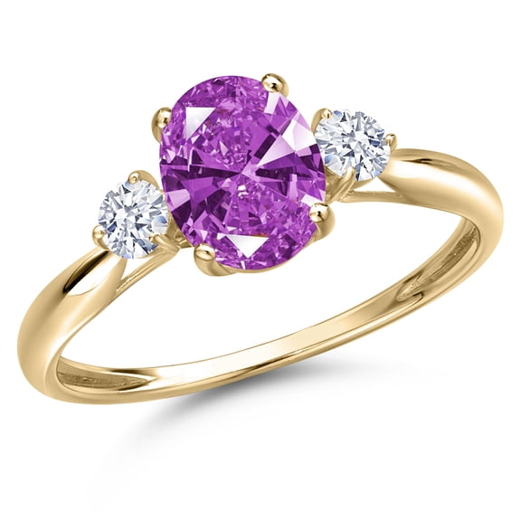 Gem Stone King 10K Yellow Gold Fancy Purple Zirconia and White Zirconia 3-Stone Ring for Women | 1.43 Cttw | Oval 8X6MM | Gemstone Birthstone | Size 9