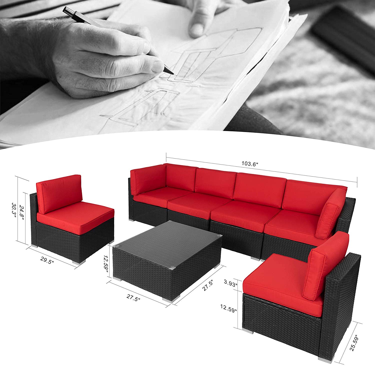 Kinbor 7pcs Outdoor Patio Furniture Sectional Pe Wicker Rattan