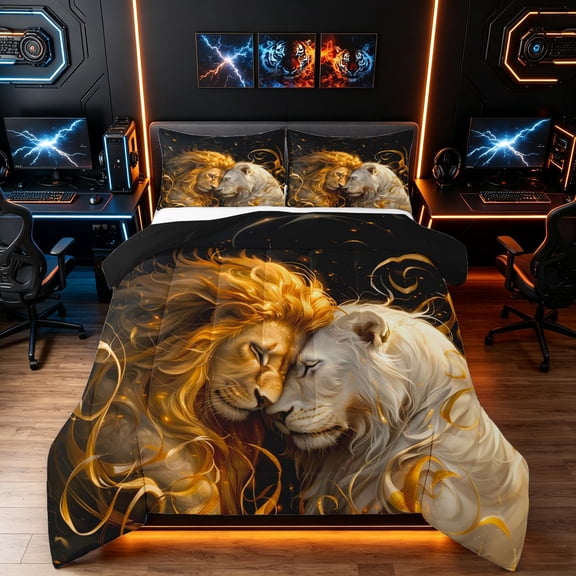 Manfei Woodland Animals Full Size Comforter Sets, Romantic Couple Lion Bedding Comforter Set, Black Brown, Black Reversible, 3 Pieces, 1 Comforter and 2 Pillowcases