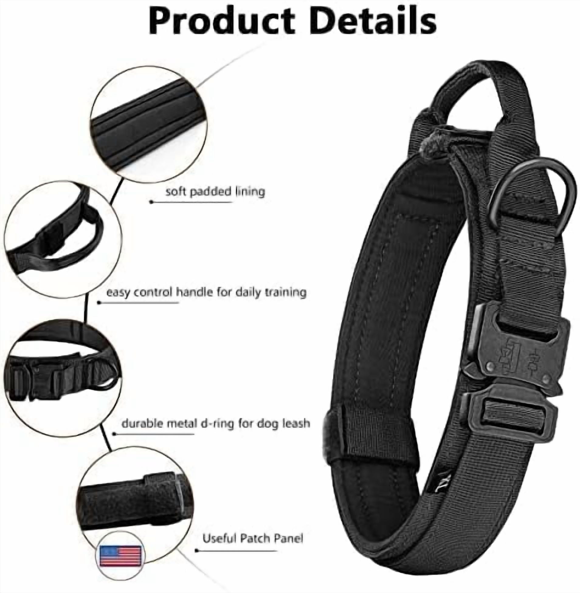 Tactical Dog Collar, Adjustable Military Training Nylon Dog Collar with Control Handle and Heavy Metal Buckle for Medium and Large Dogs, with Patches and Airtags Case (L, Black)