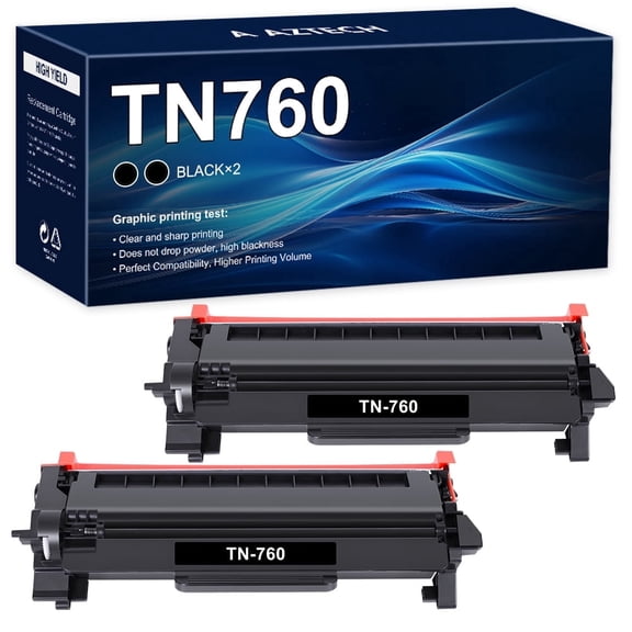 A AZTECH Compatible Toner for Brother Brother TN760 TN-760 Work with HL-L2395DW MFC-L2750DW HL-L2390DW HL-L2350DW MFC-L2710DW Printer (Black, 2-Pack)