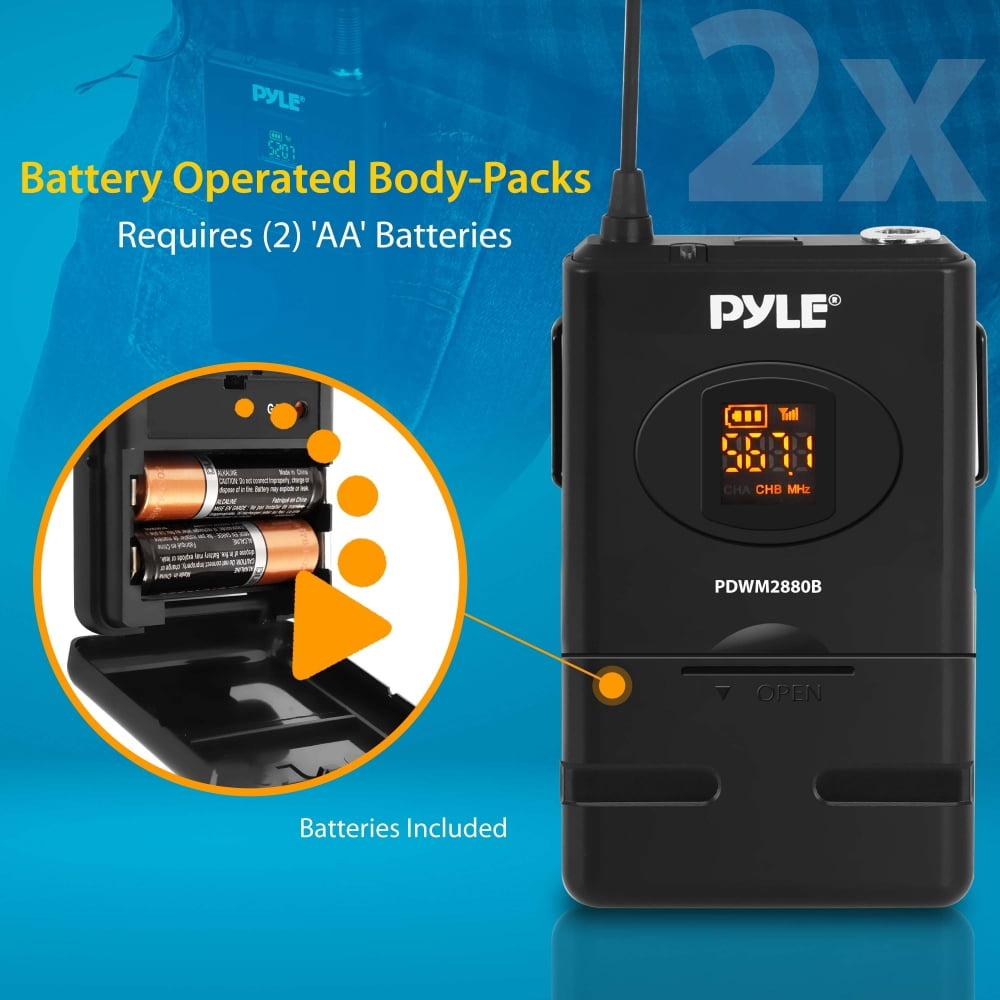Pyle PDWM2880B - Compact UHF Micro System - USB Powered Desktop Mic Receiver System with Adjustable Volume Control, Includes (2) Belt-Pack Transmitters, (2) Headsets & (2) Lavalier Mics (2-C