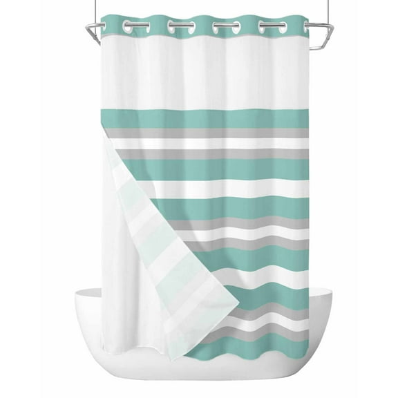 No Hook Cloth Fabric Shower Curtain with Snap in Liner, Aqua Grey Stripe Waterproof Shower Curtains Set with See Through Top Window, Minimalist Farmhouse Striped Bath Curtains Shower 54"x78"