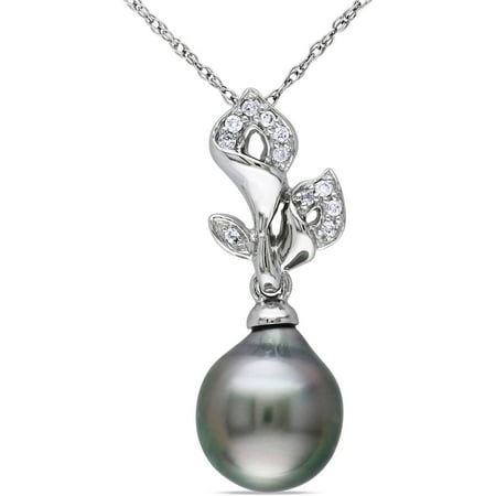 9-9.5mm Black Drop Tahitian Pearl and Diamond-Accent 10kt White Gold Flower Pendant, 17