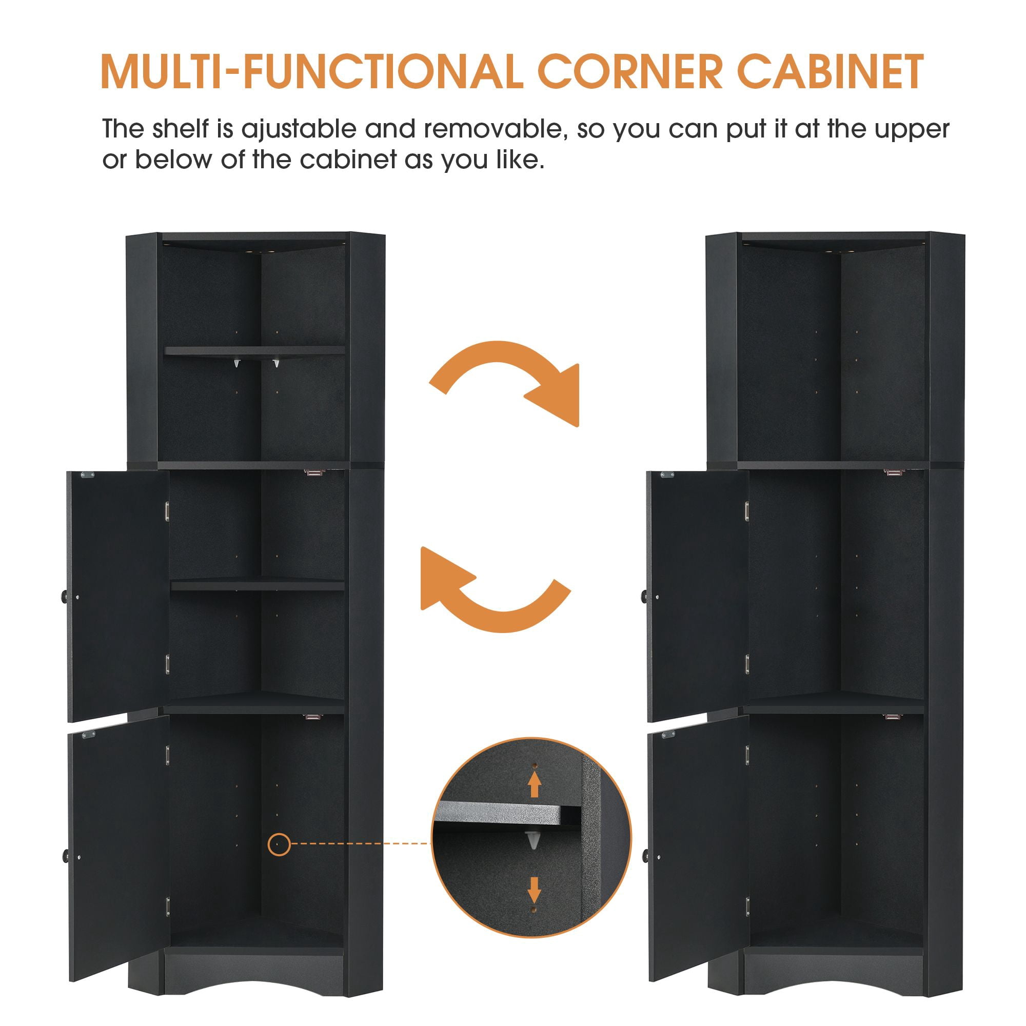 DEALTOPS Modern Tall Corner Cabinet, Freestanding Storage Cabinet with Adjustable Shelves, Black