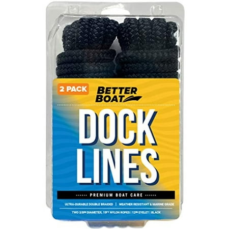 Dock Lines Boat Ropes for Docking 3/8" Line Braided Mooring Marine Rope 15FT Nylon Rope Boat Dock Lines for Docking Boat Lines Boating Rope Braided 15' Feet with Loop Black 2 Pack