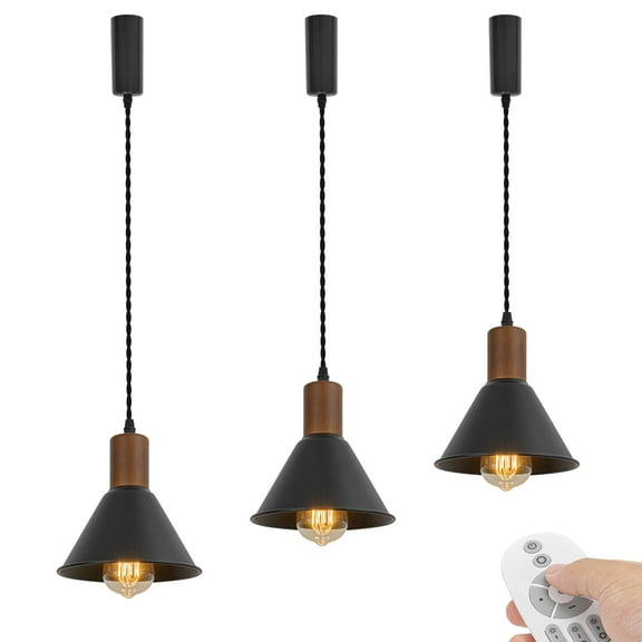 KAYYELAMP 3-Pack H-Type Track Mount Remote Dimmable Lighting Walnut E26 Base Black Metal Shade 3.2Ft Adjustable Cord Vintage Pendant Light for Kitchen Dining Table Loft(No Track)