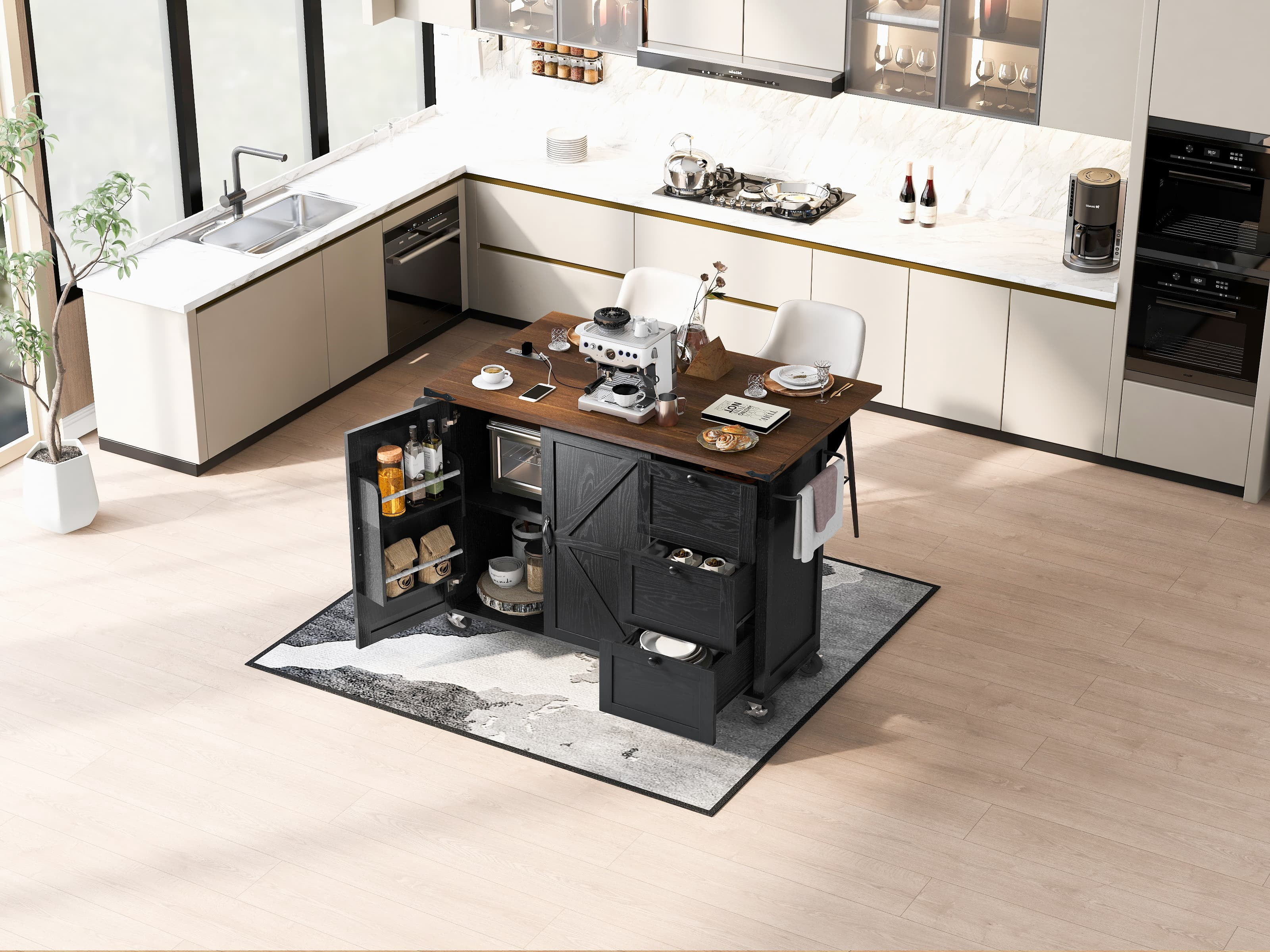 MAYEERTY 54.5" Farmhouse Rolling Kitchen Island with Power Outlet for Kitchen & Dining Room, Black