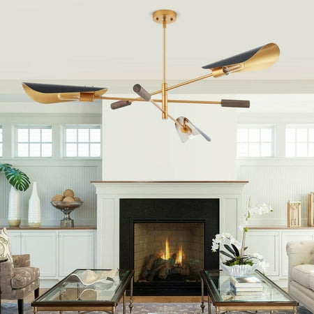 

51 Industrial Farmhouse Chandelier with Antique Brass Brush Paint and Matt Black Finish Wood Pendant Lighting Fixture for Dining Room Living Room Kitchen Island Bedroom 3-Light