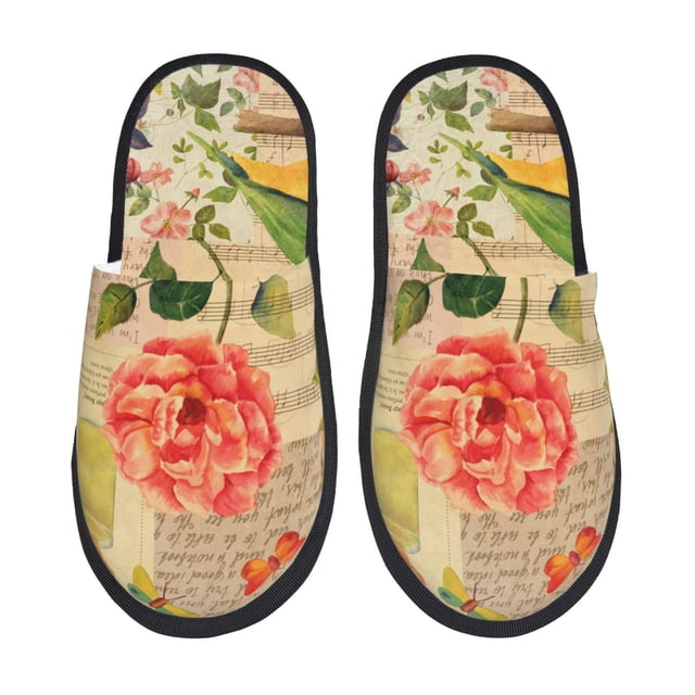 Balery Vintage Bird Pantuflas de Casa de Felpa Silenciosas con Diseño Estampado, Zapatillas Cómodas Antideslizantes de Algodón para Interior-Medium