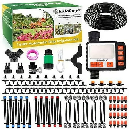 Kalolary Drip Irrigation Kit, 164 Ft Adjustable Garden Watering System with Timer, 133 PCS Blank Distribution Watering Drip Tubing Kits for Patio Lawn Garden Greenhouse Flower Bed