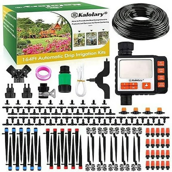 Kalolary Drip Irrigation Kit, 164 Ft Adjustable Garden Watering System with Timer, 133 PCS Blank Distribution Watering Drip Tubing Kits for Patio Lawn Garden Greenhouse Flower Bed