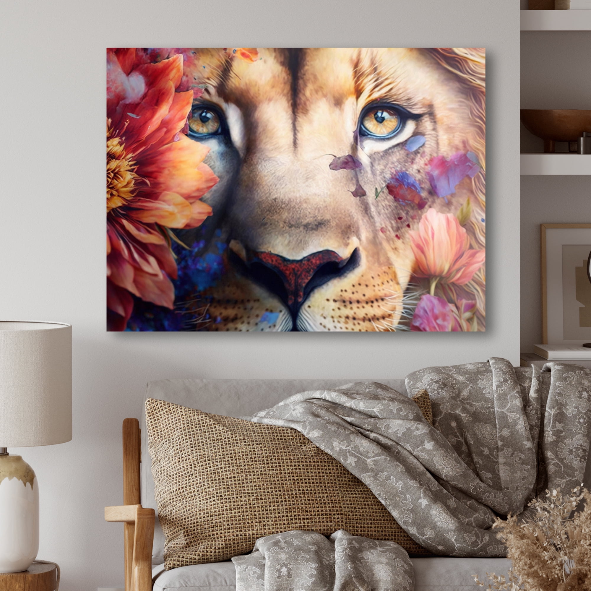 Designart Lion Portrait With Flowers II Canvas Wall Art