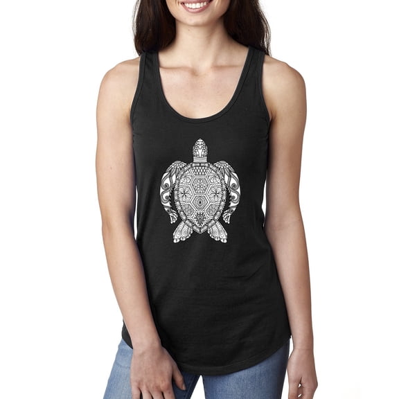 Black and White Mosaic Retro Mandala Turtle Animal Lover Ladies Racerback Tank Top, Black, Small