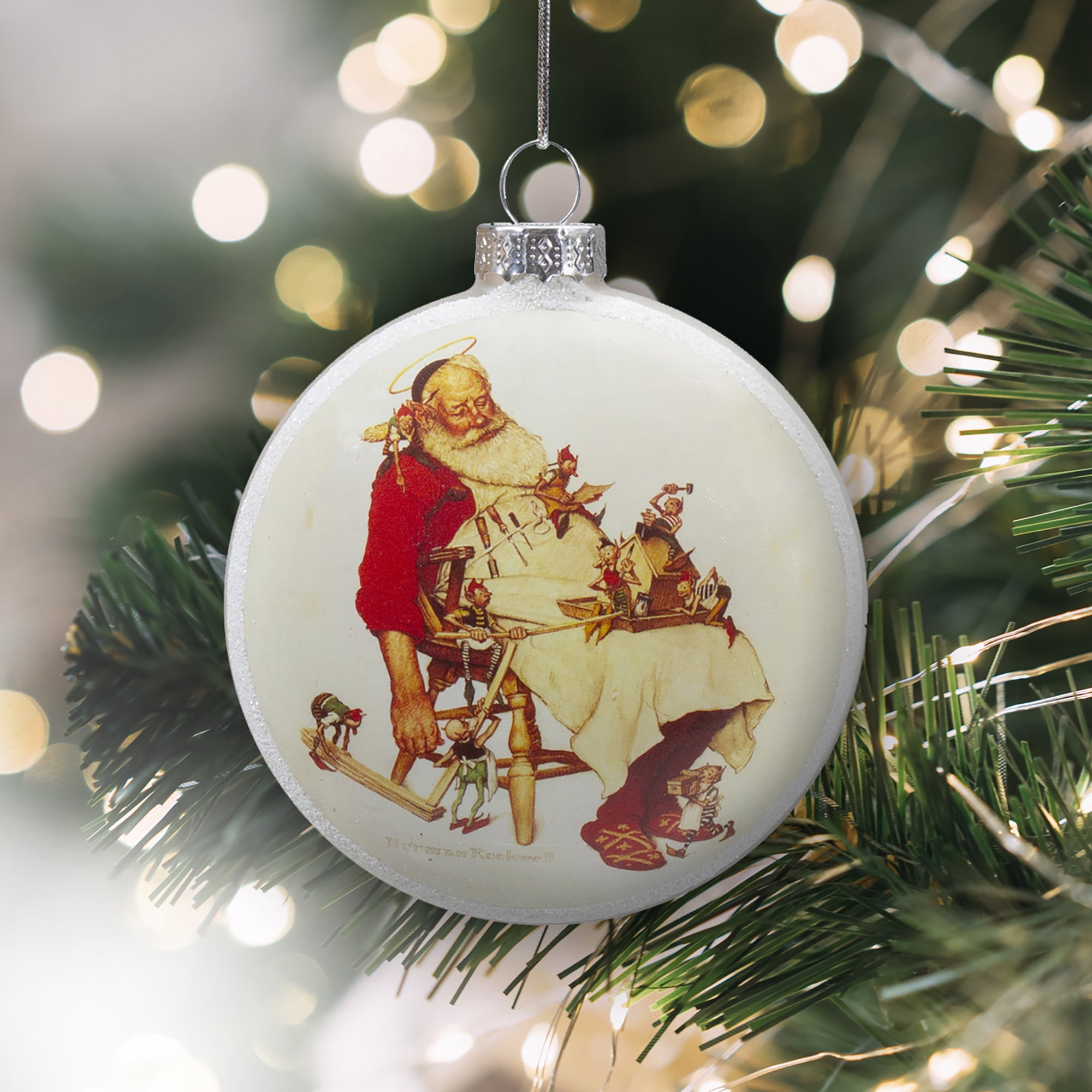 Northlight Norman Rockwell Santa with His Helpers Multi-color Glass Christmas Decorative Accent Disc Ornament, 3"