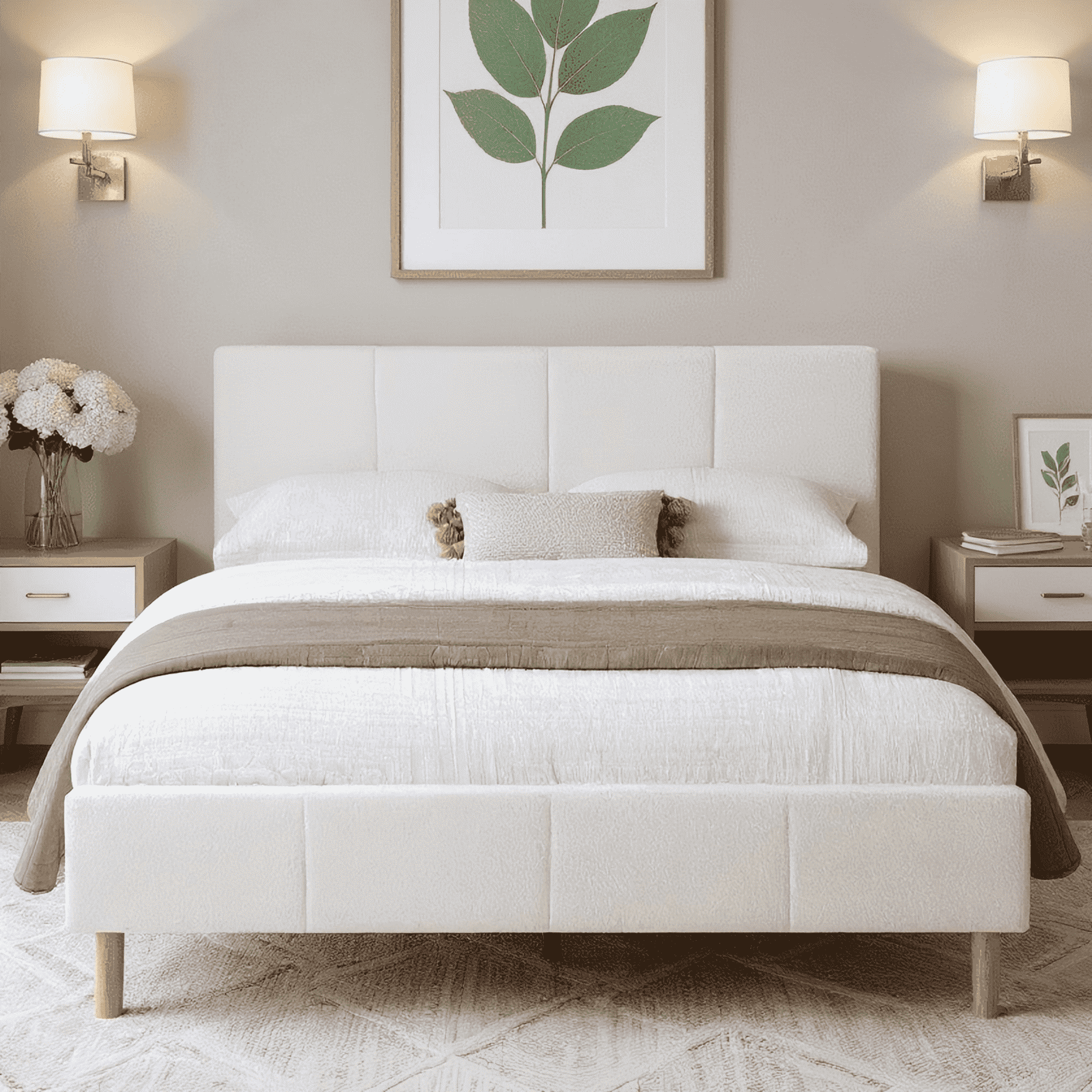 BSHTI Queen Size Platform Bed Frame with Teddy Velvet Upholstered Headboard, Compatible with 8~14 inch Mattress Thickness,Solid Wood Frame and Support Feet, White