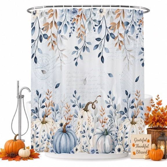 Blue Pumpkins Thanksgiving Shower Curtain Set - Standard 72" x 72" Washable Bathtub Curtain with 12 Hooks, Fall Eucalyptus Leaves Weeping Waterproof Fabric Stall Shower Curtains for Bathroom Décor