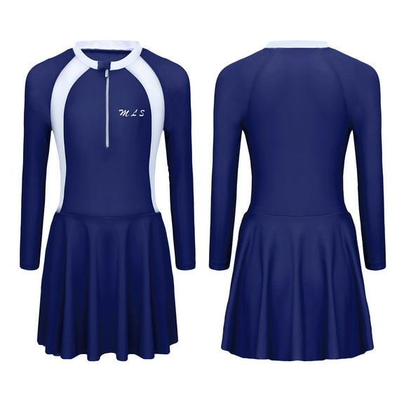 renvena Kids Girls One Piece Rash Guard Swimsuit Long Sleeve Swim Dress UPF 50 Beachwear Bathing Suit Navy Blue L