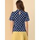 thumbnail image 5 of Blusa Corta Manga Acampanada Ojo De Cerradura En La Espalda Plisado Cuello Alto Lunares Allegra K Azul Marino XL, 5 of 6