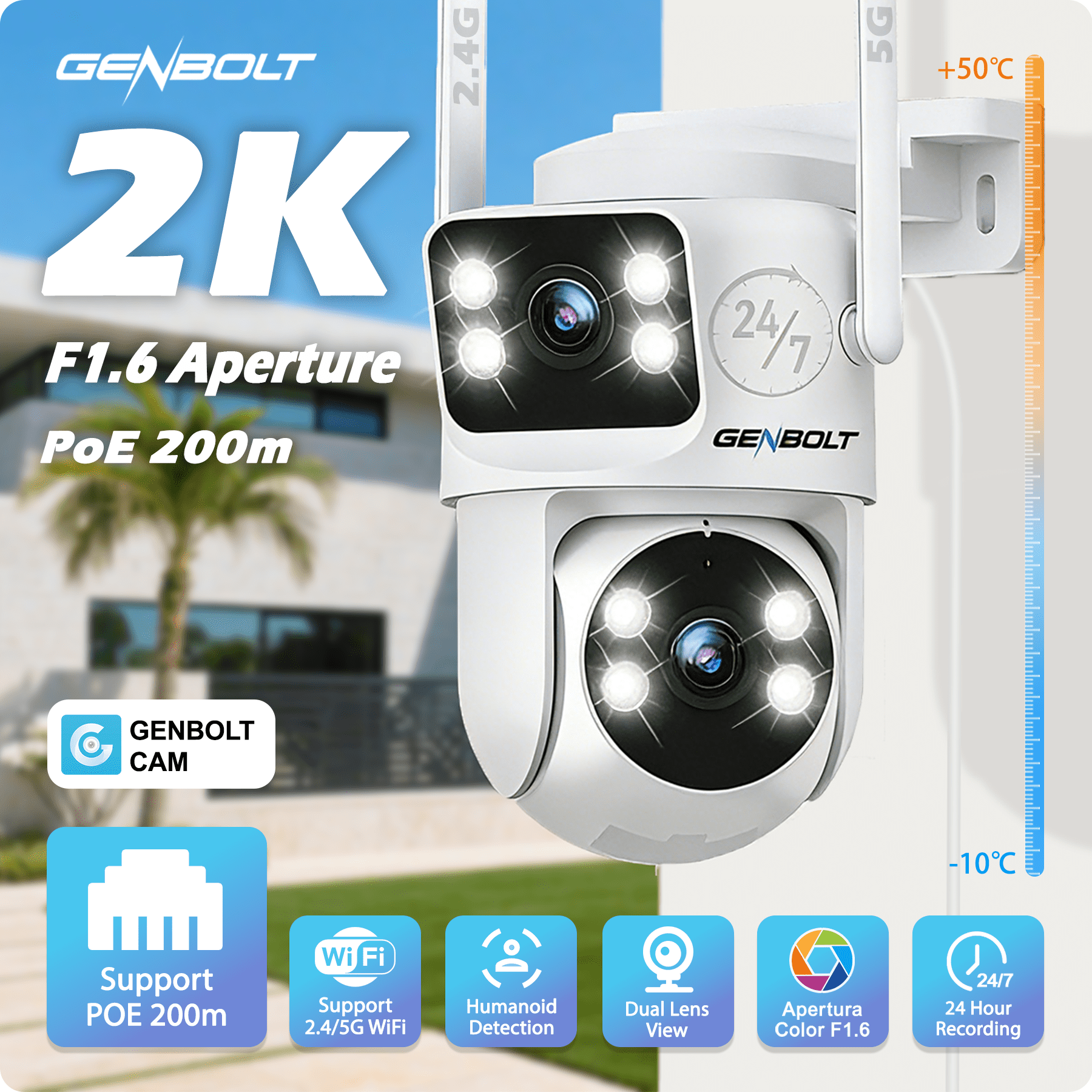 GENBOLT PTZ WiFi Security Camera Outdoor with Dual Lens, CCTV Surveillance with Dual View, Cloud Storage Upgraded with Color Night, Auto Tracking Humanoid Detection [DC&PoE]