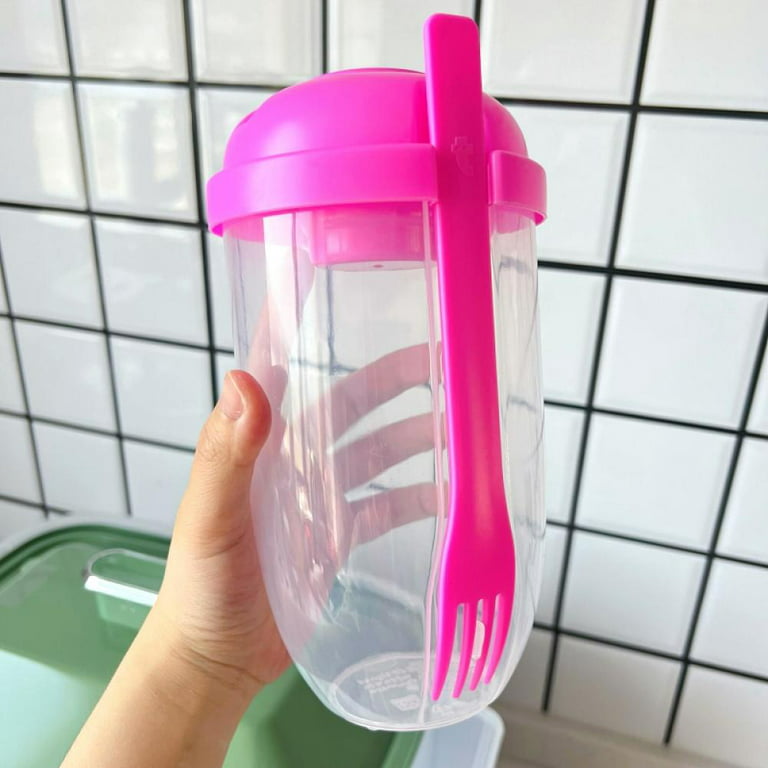 Keep Fit Salad Meal Shaker Cup with Fork,Portable Fruit and Vegetable Salad Cups Container, with Fork & Salad Dressing Holder, Size: 33.81 oz, Pink