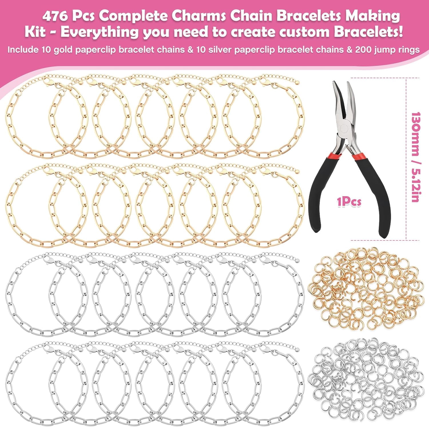 TAVENE 477Pcs DIY Charm Bracelet Making Kit, Gold & Silver Charms, Paperclip Chain & Alphabet Charms, Jewelry Supplies