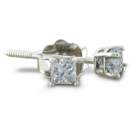1/3ct Princess Diamond Stud Earrings In 14k White Gold, Good Color And Clarity