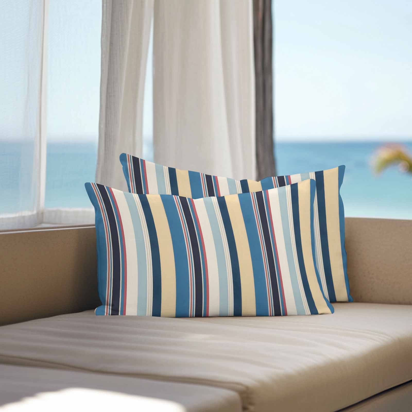 Vintage Stripes Outdoor Pillow Covers Set of 2 Black Yellow Blue Striped Retro Lines Waterproof Throw Pillow Case Decorative Square Cushion Cover for Patio Couch Garden Balcony, 20"x12"