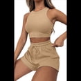 thumbnail image 3 of Conjuntos de Verano para Mujer, Conjunto Informal de 2 Piezas con Top Corto y Pantalones Cortos de Punto Gofre, Ropa de Dormir Color Caqui M, 3 of 9