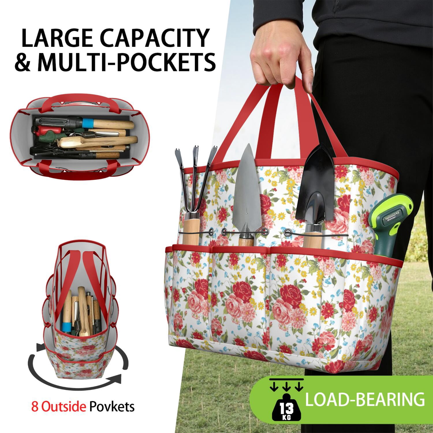 Bright Flowers Garden Tools Bag, Water-proof Oxford Garden Tote Home Organizer Gardening Tool Bag Kit Holder with 8 Pockets for Indoor and Outdoor Gardening(Tools Not Included)