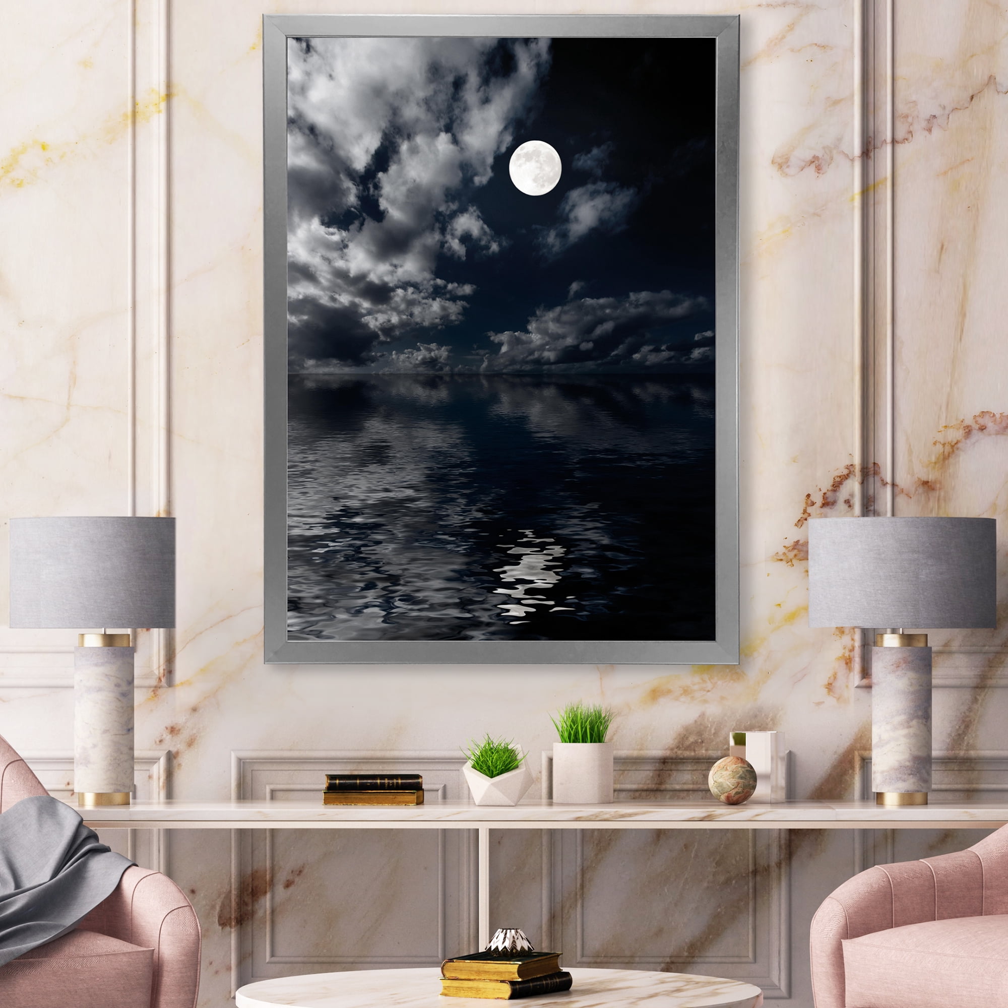Designart 'Full Moon Night in Cloudy Sky IV' Nautical & Coastal Framed Art Print