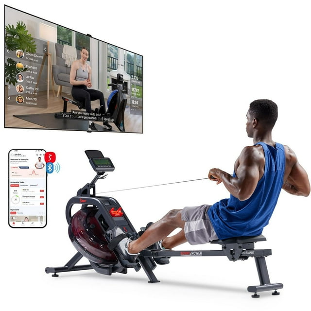 Sunny Health & Fitness Phantom Hydro Smart Water Rowing Machine with Dynamic Real-Time Resistance, Foldable 300 LB Capacity Rower with Bluetooth Connectivity and Extra Long Slide- SF-RW5910SMART