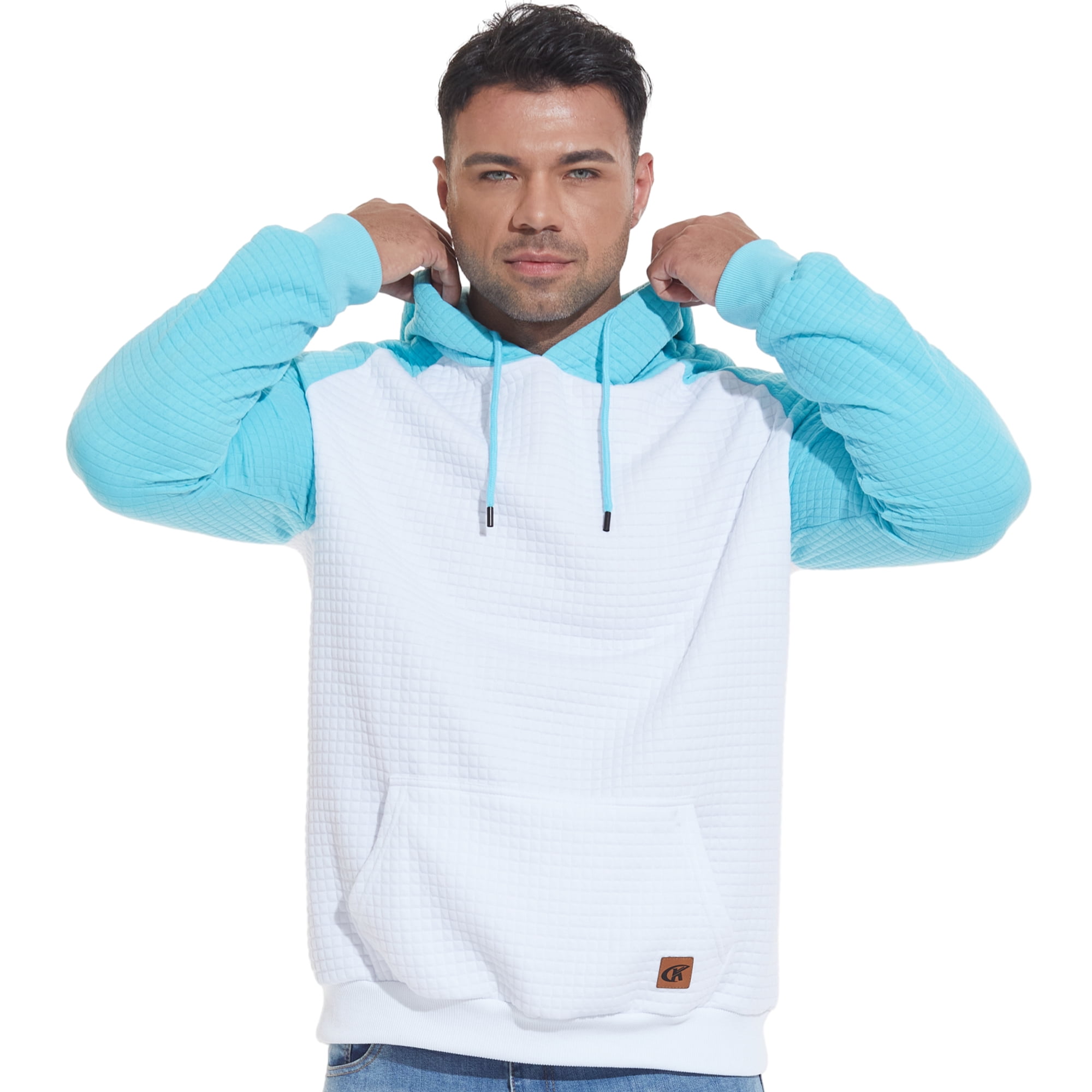 Satankud Men's Pullover Hoodies Plaid Jacquard Color Block Long Sleeve Casual Hooded Sweatshirts with Kanga Pockets White/Sky Blue L