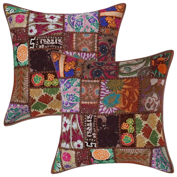 Stylo Culture Ethnic Cotton Home Decor Throw Pillow Covers Dark Brown 16x16 Bohemian Vintage Patchwork Ethnic Sofa Cushion Covers 40 x 40 cm Living Room Floral Square Pillow Cases | Set Of 2
