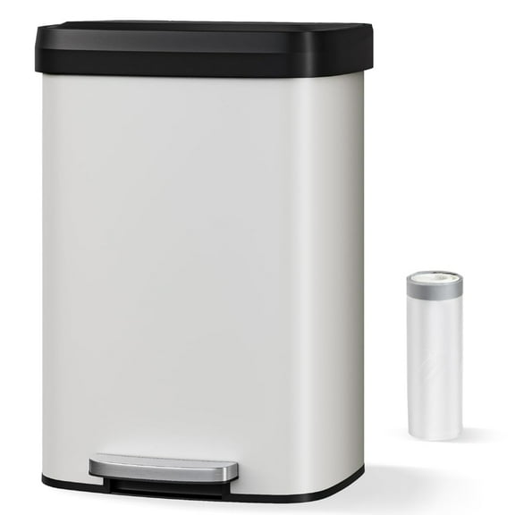 Garvee 50L Step-on Trash Can for Kitchen, with Liner Rim & Soft Close Plastic Lid, White
