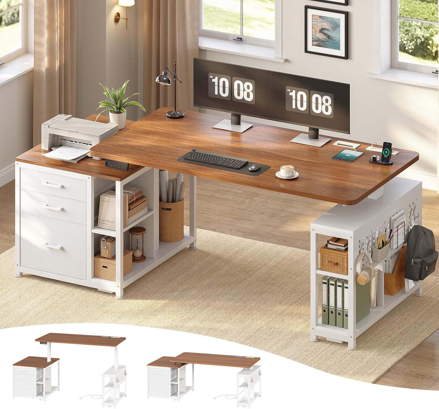 SEDETA 61" Motorized Adjusting Height Desk with Fabric Drawers, Sit Stand Computer Workstation with Charging Station & Storage Shelves, Stand Up Office Executive Table Pegboard, White + Brown