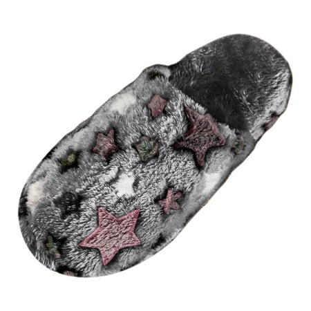 

Jungdeepe Women On Furry Plush Flat Home Winter Round Toe Keep Warm Star Prints Slippers Shoes