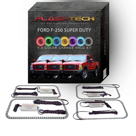 Flashtech RGB Multi Color Changing LED Halo kit for 08-10 Ford F-250 Super Duty Headlights