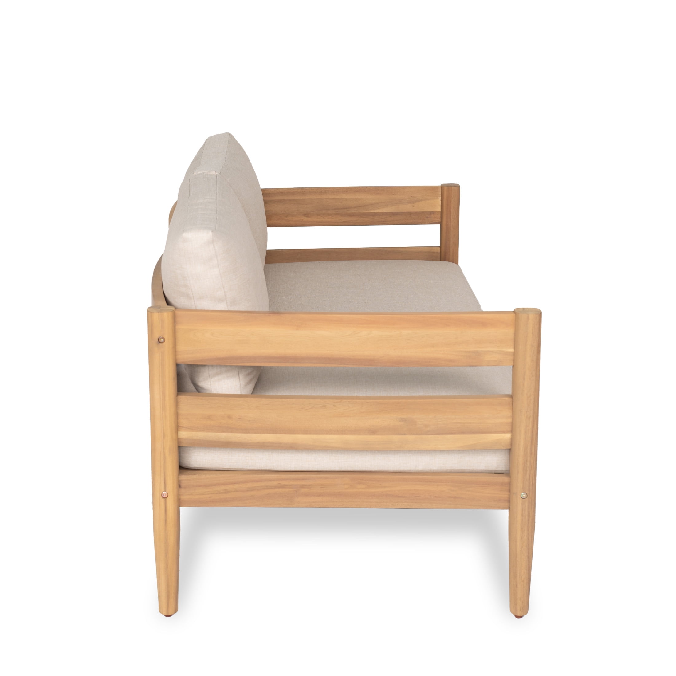 Christopher Knight Home Outdoor Loveseat with Coffee Table, Curved Backrest and Slatted Seat, Beige Cushions