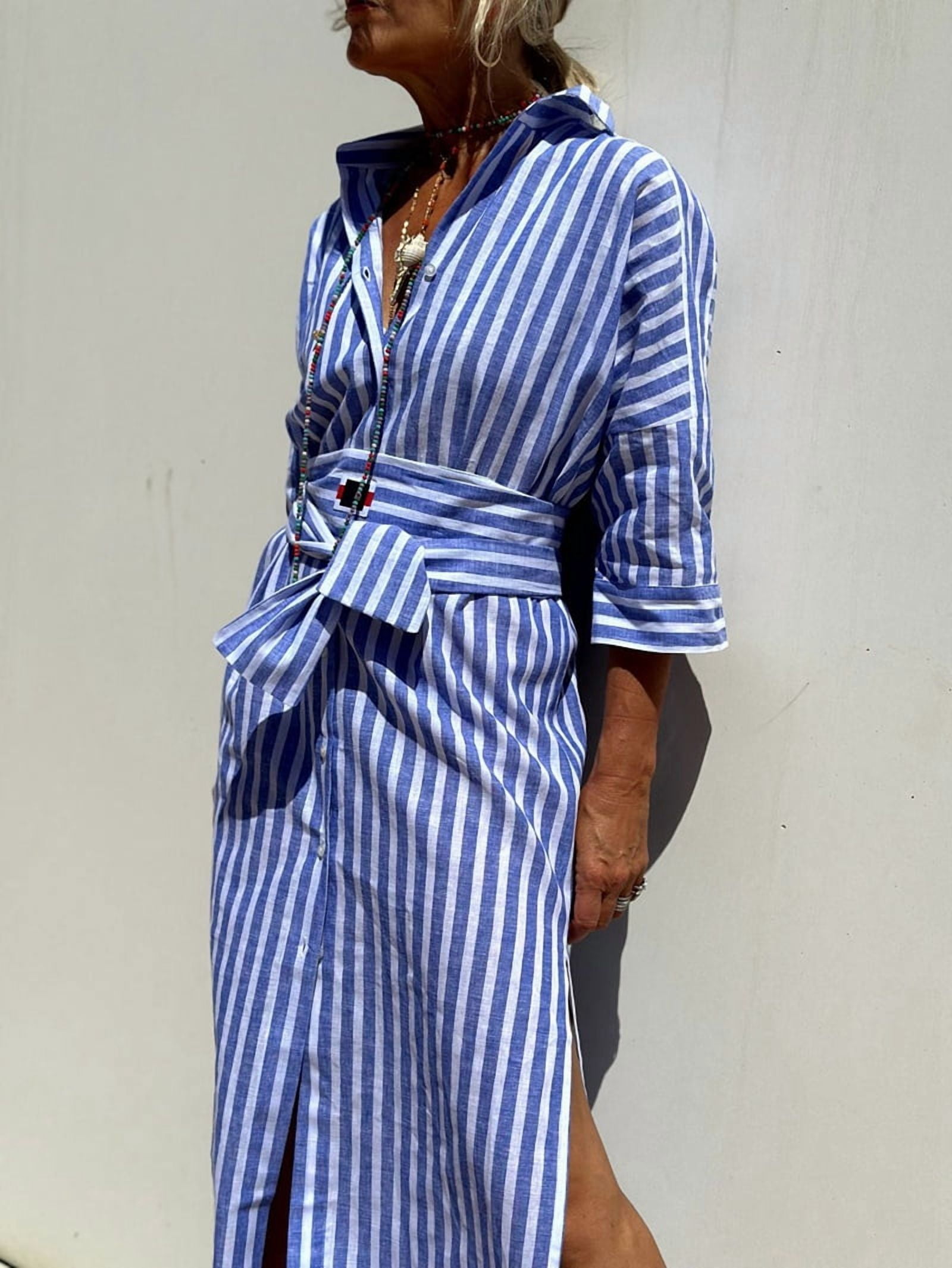 Women'S Shirt Dress Casual Lapel 3/4 Sleeve Button-Down Collar Slit Tie Resort Maxi Dress Blue M