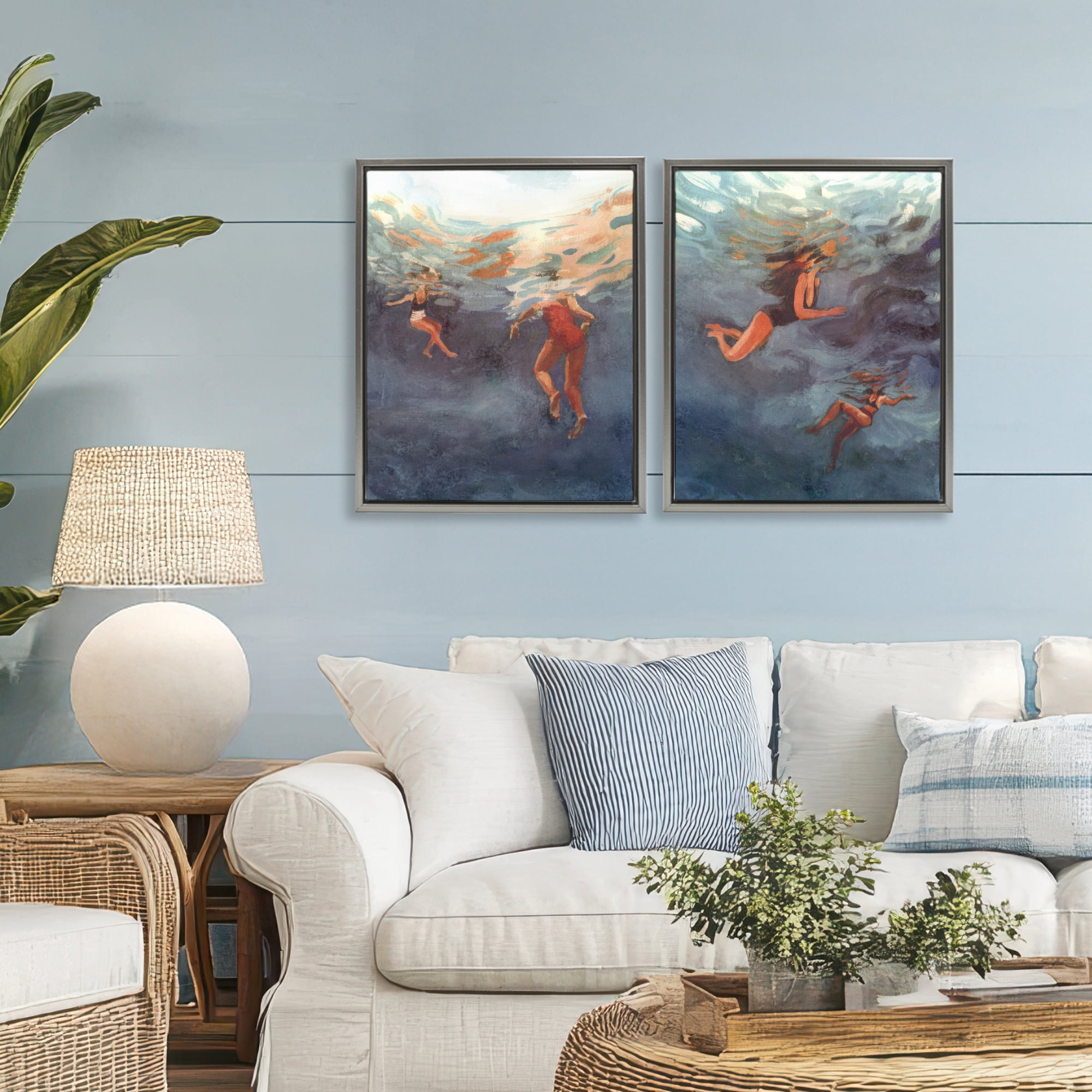Stupell Industries Swimming Summer's Dance 2 Piece Gray Framed Floater Canvas Set, design by Victoria Barnes