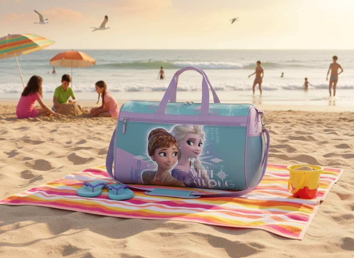 Disney Frozen Girls Duffle Bag  Elsa & Anna Travel Gym Bag with Adjustable Strap, Mesh Side Pockets & Zipper Pocket