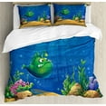 thumbnail image 1 of Deep Sea Duvet Cover Set King Size, Funny Cartoon Fish the Undersea on Sink Pirate Ship Background, Decorative 3 Piece Bedding Set with 2 Pillow Shams, Azure Blue Multicolor, by Ambesonne, 1 of 3