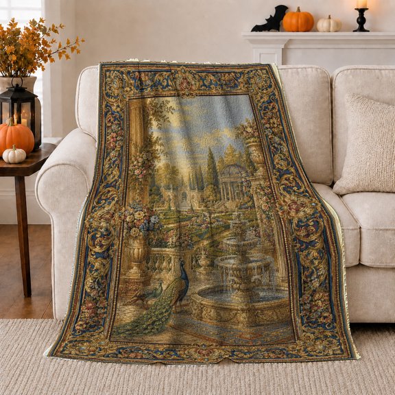 Palace Garden Peacock Flannel Blanket, Blue Gold Floral Border Fountain Gazebo Landscape Pattern for Sofa Couch Bed Living Room Bedroom Home Decor Wedding Gift for Couples