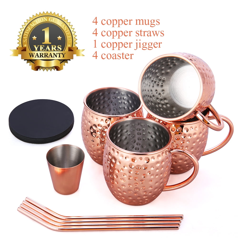 4 Copper Straws 4 Copper Coasters and 1 Cleaning Brush AVADOR Set of 4 Handcrafted 100% Pure Copper Moscow Mule Mugs Hammered Finish 16 Oz Gift Set Boxed with Shot Glass 