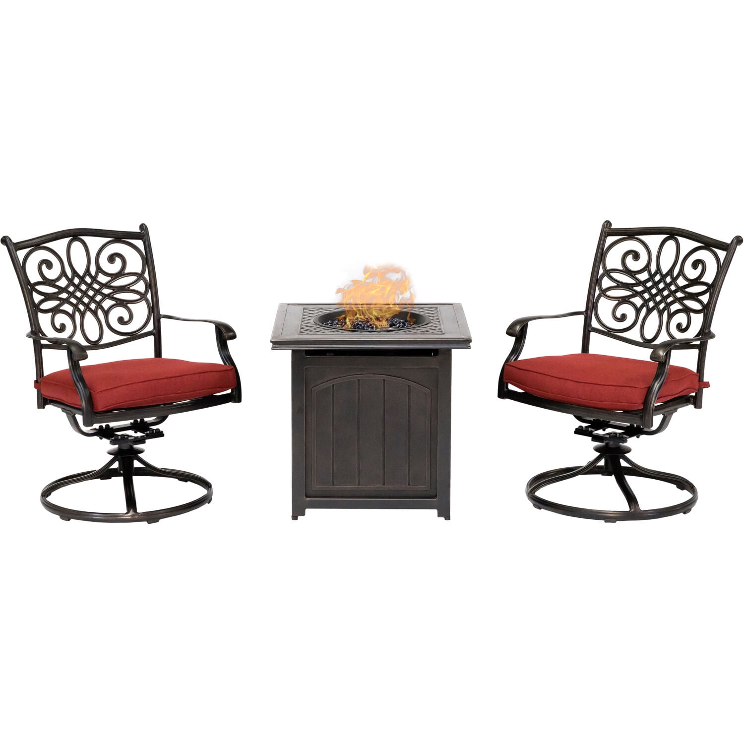 Hanover Traditions 3-Piece Fire Pit Chat Set in Red with 2 Swivel Rockers and a 26-In. Square Fire Pit Side Table